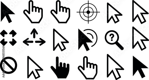 Collection of various computer mouse cursor and hand gesture icons isolated on transparent background
