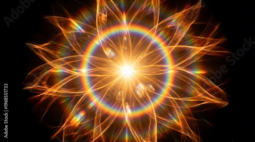 Abstract radiant energy burst with colorful light rays and halo effect on dark background