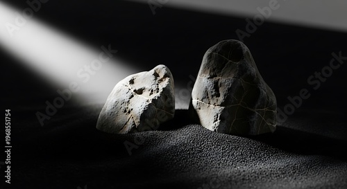 Two rocks illuminated by a beam of light on a dark textured surface