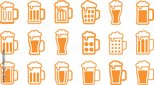 Collection of various beer mugs with frothy beer isolated design graphics
