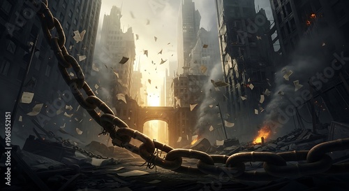A massive chain lies across a ruined cityscape with debris flying in the air, illuminated by a bright light from a distant archway.