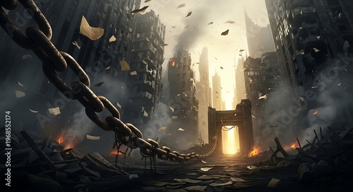 Apocalyptic cityscape with broken chain and burning ruins under a glowing gateway