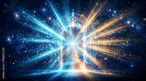 A glowing cosmic portal with radiant light beams and starry space background