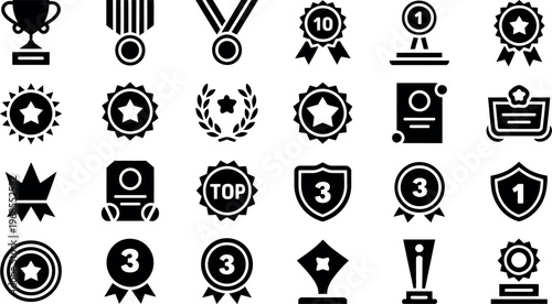 Collection of various achievement and award icons isolated on transparent background