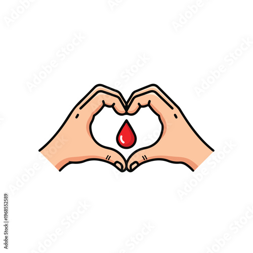 Illustration of two hands forming a heart shape around a blood drop on a white background with a simple graphic style.