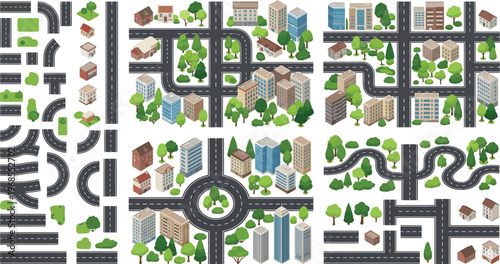 Isometric city map creator set. Road network and street elements. Building architecture and park graphics. Vector illustration.
