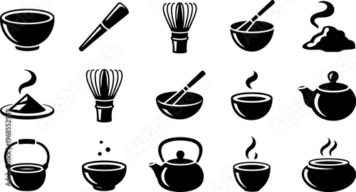 Black and White Traditional Japanese Tea Ceremony Kitchen Tools Set Icons