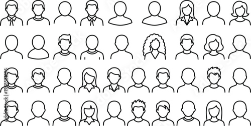 User profile avatar icon set. People portrait line symbols. Human head and team network logotypes. Vector illustration.