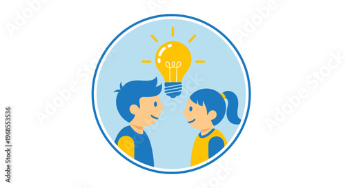 Children Sharing Ideas Under a Bright Lightbulb.