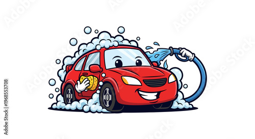Cute cartoon red car getting washed with soap and water.