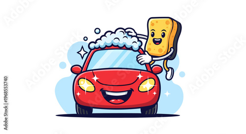 Cute cartoon sponge washing a happy red car with soap bubbles.