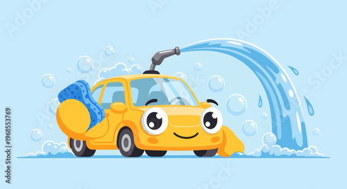 Cute cartoon yellow car getting washed with water.