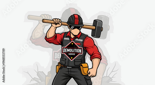 Demolition Worker with Sledgehammer Ready for Action.
