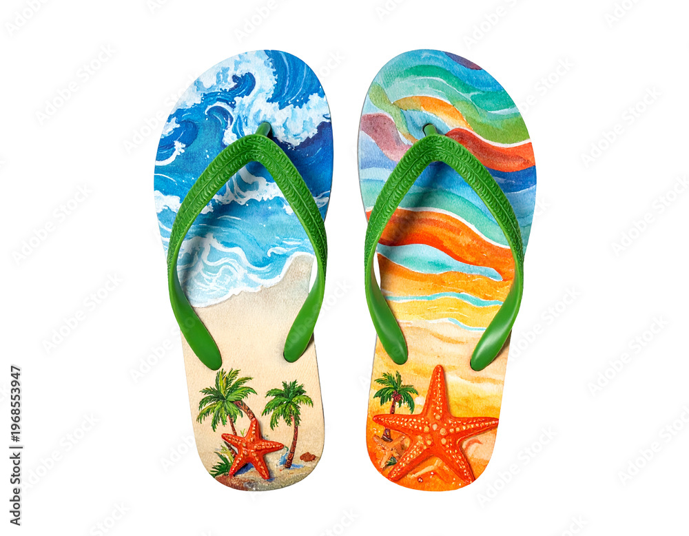 Fototapeta premium Vibrant flip-flops depict tropical beach scenes with waves, palms, starfish