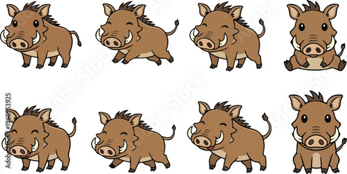 vector illustration of warthog funny cute cartoon mascot character cartoon with 8 poses 02