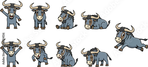 vector illustration of wildebeest funny cute cartoon mascot character cartoon with 9 poses 01