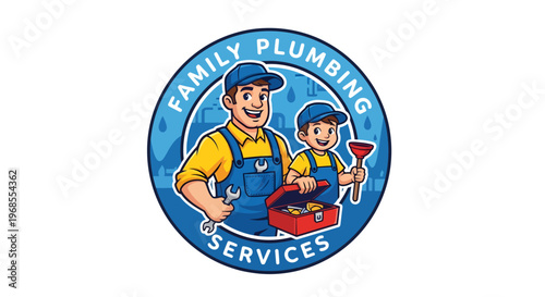 Father and son plumbers with tools in a family plumbing services logo.