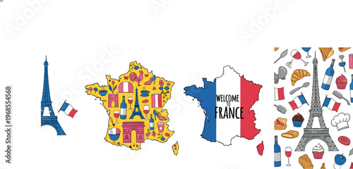 France Travel and Culture Collection with Eiffel Tower, French Landmarks, Food, and Wine for Tourism and Country Designs