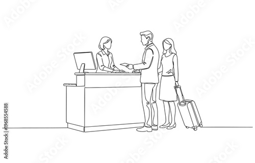 Single one line drawing a female receptionist is giving cards to a husband and wife visitor. Receptionist Day. Continuous line design graphic illustration
