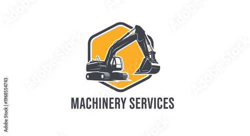 Heavy Machinery Services Logo with Excavator on Hexagonal Background.