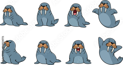 vector illustration of walrus funny cute cartoon mascot character cartoon with 8 poses