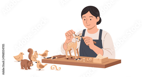 A female artisan carves a wooden fawn figurine at a workbench surrounded by other animal sculptures and wood shavings.