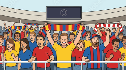 Cheering sports fans in stadium crowd. Excited supporters holding team scarves. Football audience celebrating victory. Vector illustration.
