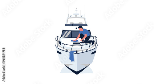 A man in a blue shirt kneels on the bow of a white yacht, carefully cleaning its front deck with a blue cloth.
