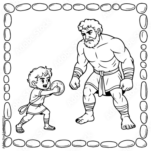 Coloring page of david and goliath, a young boy holding a stone facing a giant warrior, biblical scene for kids