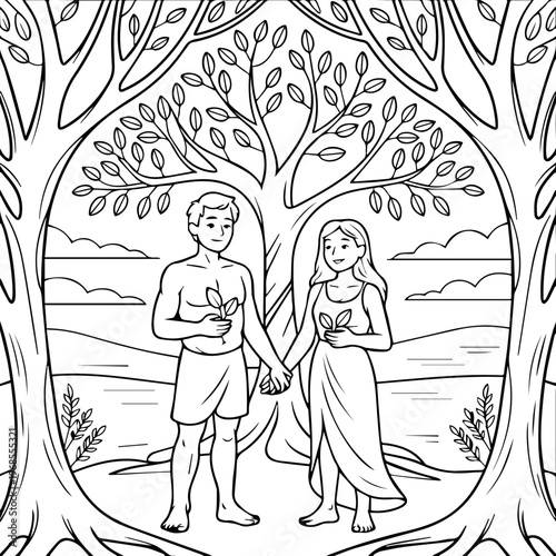 Adam and eve in the garden of eden, black and white line art illustration