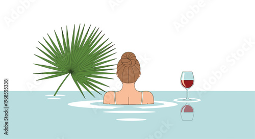 A woman with a bun relaxes in a serene light blue pool, accompanied by a large green palm frond and a glass of red wine.