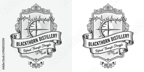 Blackthorn Distillery Logo with Crown of Thorns and Compass Rose