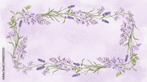 Delicate watercolor floral frame featuring lavender and wisteria flowers and green leaves. Soft light purple watercolor background offers natural elegance.