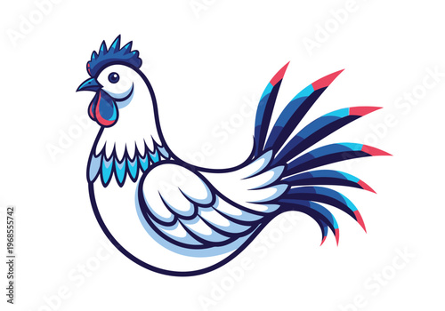 Stylized Rooster Vector Illustration - Modern White and Blue Cockerel Icon Isolated on White Background