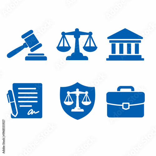 Blue legal icons: gavel, scales, courthouse, document, shield, briefcase