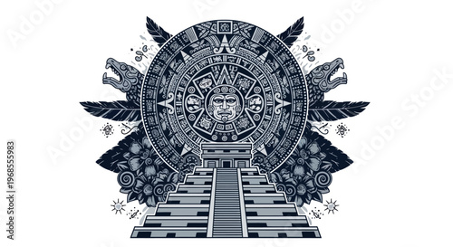 Aztec Mayan Sun Stone Calendar with Chichen Itza Pyramid and Quetzalcoatl Serpent Heads, Ancient Mexican Culture Illustration