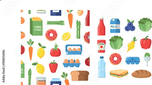 Healthy Food and Grocery Items Collection with Vegetables, Fruits, Milk, Eggs, Bread, and Condiments for Kitchen and Meal Designs