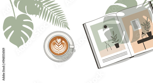 An open magazine with abstract illustrations and a latte with heart art are arranged with large green tropical leaves on a white background.