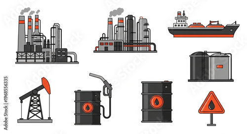 Oil and Gas Industry - Refinery, Tanker, Pumpjack, and Storage Tanks.