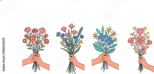 Handheld Floral Bouquets Collection with Colorful Flowers and Stems for Gift, Wedding, and Nature Designs