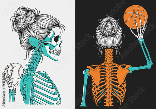 Skeleton Woman Athlete Playing Baseball and Basketball, Vintage Sport Illustration Set with Messy Bun Hair