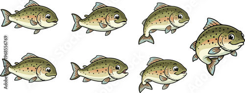 vector illustration of trout fish funny cute cartoon mascot character cartoon with 7 poses 01