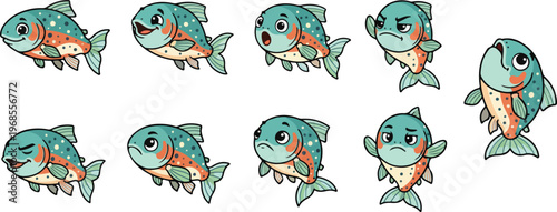 vector illustration of trout fish funny cute cartoon mascot character cartoon with 9 poses