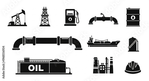 Oil Industry Icons - Pumpjack, Rig, Gas Station, Pipeline, Tanker, and More.