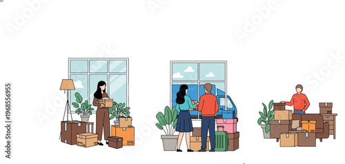 Moving and Relocation Collection with Boxes, Packing, and People Organizing for Home and Office Transitions