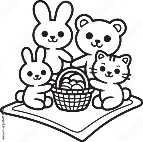 Cute cartoon animals with easter basket coloring page rabbits bear cat spring holiday activity for kids black white