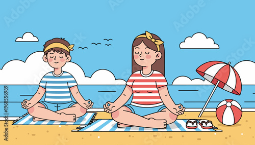 Couple meditating on beach mat during summer vacation calm lifestyle illustration