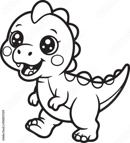 Cute cartoon baby dinosaur walking black and white coloring page for kids with happy expression prehistoric animal