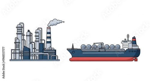 Industrial landscape featuring a factory emitting smoke and a cargo ship.