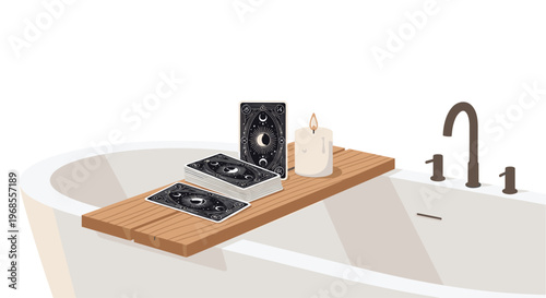 A white bathtub features a wooden bath caddy holding two stacks of dark tarot cards and a lit white candle.